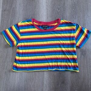 a.lab Crop Top Women M Multicolor Rainbow Striped Raw Hem Short Sleeve Crew Neck